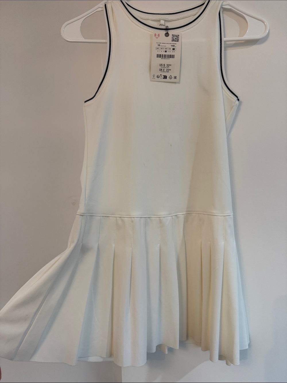 Zara Girls White Pleated Tennis Dress with Contrast Piping, NWT size 10